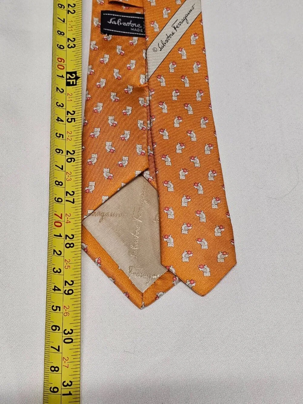 Salvatore Ferragamo Owl Print Men's Silk Tie Orange Background